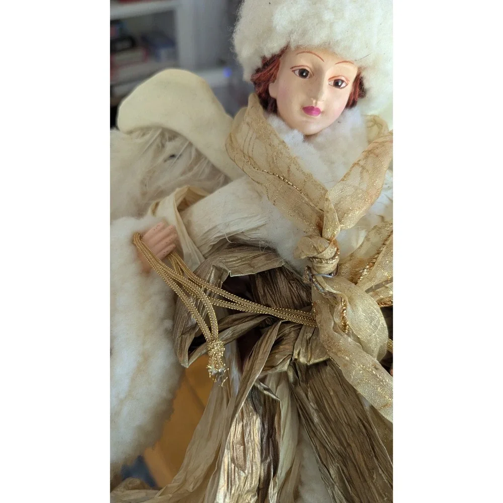 Vintage Style Porcelain Angel Christmas Tree Topper Gold Cream Faux Fur 15 Inch
